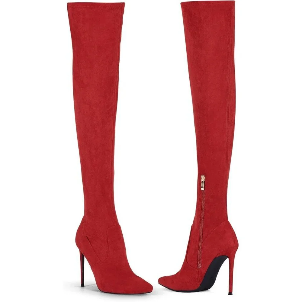 Women Red Suede Pointed Toe 4.3 inch Stilettos Thigh High Heels Stretch Boots
